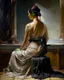 Placeholder: masterpiece classical academic oil painting, figurative study of a seated female figure viewed from behind, focus on anatomy, posture, and painterly texture, subject seated on a surface with a natural relaxed pose, torso slightly leaning forward the figure is partially draped in simple light fabric around the lower body and upper torso, arranged modestly, emphasizing form through light and shadow rather than exposure detailed back anatomy: visible shoulder blades, natural spine curvature, soft m