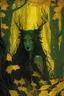 Placeholder: In the heart of a dense and enigmatic forest with towering ancient trees cloaked in emerald, yellow and amber foliage stands an ethereal beauty, her face is perfect, her lustrous hair cascading in ebony waves down to her slender waist in the background the crimson eyes of a large demonic animal are visible