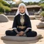 Placeholder: Clara free spirit is a gangsta nun covered by tattoos faces the camera, meditating in the lotus position on a rock outside, under the sun. The serene setting of a sunny zen garden surrounds her, the sand meticulously raked in intricate patterns.