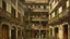Placeholder: Pintura de un conventillo con gran patio central rodeado por galerías de madera, pequeñas habitaciones alineadas, ropa tendida y arquitectura envejecida, composición interior, iluminación natural, atmósfera comunitaria, gran riqueza de texturas.