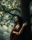 Placeholder: Bosch painting style, nightmare , a beautiful woman tided to a tree , by the tree branches and leaves, great quality picture with cinematic scenes , heavy clouds in the background