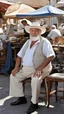 Placeholder: Full length photograph of a 58 year old, strong and chubby Neapolitan antiques dealer, at the street market, elegantly dressed, old glasses, short white beard, short shaved hair, under the sun, stocky, open shirt, hairy chest, sitting in a furniture stall of antique and mirrors, big belly, big shoulders,, sunlight, ambient occlusion, side light, photorealistic, side view from the ground