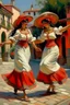 Placeholder: 2 maxican woman dancing neoclassism traditional painting in mexican city