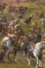 Placeholder: detailed oil painting, renaissance style, of mounted knights galloping across an open field, swords in hand, mountains in distance