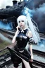 Placeholder: close-up gothic anime girl, white hair, tight outfit with gun on thigh, standing on a train track, smoke and fire surroundings, she is dull and dark, looks determined , train approaching behind her,