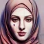 Placeholder: watercolor painting as woman's face, wearing hijab, fine detail, highly intricate, modern surrealism painting, fog, high-quality, volumetric lighting, 8k, ultrahd, George Grie, Marco Escobedo, Igor Morski,Brian Froud, Howard Lyon, Selina French,