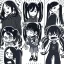 Placeholder: Clear focus, High resolution, rough line art, cute, cartoon, one side is a fluff cut, one side does not have hair but it does have one piece of hair that is medium length and sharp, both sides have medium length sharp locks on each side of her head, long twintails, smooth twintails, black hair, 1girl, (solo), grey eyes
