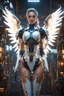 Placeholder: Halfbody Excellence Photography 4k masterpiece, incredible depth, cinematic dynamic lighting, sharp focus, high resolution, high quality, outstanding visual masterpiece, flawless rendering, fine detail, extremely realistic masterpiece a beautiful Angel robot woman straddle wings with exposed machinery and circuitry, hanging out in a cyberpunk workshop, elegant machinery, glowing circuitry on skin, perfect face, proportionate face, beautiful features, unbelievable detail