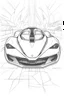 Placeholder: minimalist line art, futuristic car, against stark white background, thick ink outlines