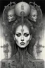 Placeholder: A woman with a Indian fathers on head with computer chips and a smoke in the background dark a thin line draw ، front view camera, decayed and rotting with grotesque proportions and imagery. surreal horror, biomechanical design, by hr giger and beksinski , fine lines draw