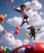 Placeholder: Ultra realistic speed clouds sky scene, wide angle view, childs falling down with many Childs background, rabbit head, inflatable monsters, circus dress style, feather color, free jumping flying, many trinkets, hair monster, many jelly beans, balls, color smoke, smile, happy, extreme, wind, clouds sea, 20,000 feet altitude, stratosphere, soft color, highly detailed, unreal engine 5, ray tracing, RTX, lumen lighting, ultra detail, volumetric lighting, 3d, finely drawn, high definition.