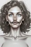 Placeholder: Draw a foreign human who is average height and curvy, with medium, curly grey hair, blue eyes, a tan skin tone, and a mustache