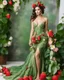 Placeholder: 📷🍓💃 length image full body sweet pose pretty woman wearing a beautiful high details natural beuty color unique gown costume made of elements varieties strawberries fruits.green leaves and variaties roses,orchids flowers background