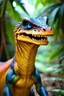 Placeholder: VELOCIRAPTOR ORANGE, BLUE EYES, YELLOW TEETH, ESCALE MODEL, 3D, HIGH QUALITY, MODERN ART, REAL SKIN, AND REAL APPARENCE ON JUNGLE