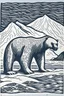 Placeholder: Minimalistic lino-cut woodcut screenprint of polar bear in the arctic, mountains in the back