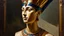 Placeholder: Highly detailed bust of Queen Nefertiti, realistic oil painting style, intricate details on jewelry and headdress, by John Singer Sargent and Jan van Eyck, (closeup shot), soft lighting to enhance textures and shadows.