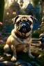 Placeholder: Generate a photorealistic depiction of a pug in a fantasy fairytale setting. Use an 8k resolution to capture intricate details and create a visually stunning image that brings together the whimsy of fantasy with the adorable charm of pugs.