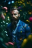 Placeholder: Photography, 35mm, Telephoto, Dichromatism, 8K, Full-HD, Frontlight, Denim, Flowers, photo of muscular, bearded man dressed in a denim suit and surrounded by flowers