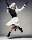 Placeholder: A nun in a short dress jumping with a gun