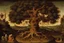 Placeholder: gnarled and twisted tree of life with faces and bodies in the trunk, deep colour, Hieronymus Bosch