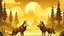 Placeholder: fantasy cartoon style illustration: pack of brown wolves is guarding golden coins near the scary and cold and hazy Misty Ridge