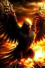 Placeholder: Create a ultra high definition and photorealistic image, 12k quality of a beautiful phoenix, majestic and strength showing, emphasis on texturized claws, upclose with a front view flying towards the camera, centre of an explosive and chaotic background scene of Armageddon where he is followed by demon like dark clouds in persuit trying to grab him, phoenix has striking eyes and determined look, majestic wings folded inwards in flight, bright auburn, black, white, grey and yellow colours, gothic