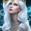 Placeholder: Ice Princess with white hair smilling, a crown with precious stones, bright background