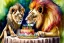 Placeholder: Lion is having a birthday cake. Highly detailed, smooth colours, realistic landscape. Aquarell