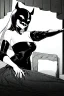 Placeholder: girl with demon mask in bedroom, grayscale