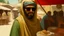 Placeholder: takistan life, oil painting. dr arab cover 1970, closeup dnd style. sunglasses, cape. lawrence of arabia. marketplace, eating food.