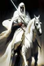 Placeholder: An Arab warrior holding two swords, sitting on horseback, wearing a white robe, strong, mysterious, frightening, fantasy, high quality