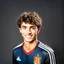 Placeholder: 85mm DSLR color photography of a very detailed headshot fitting all of head and hair in frame. 19-year-old Spanish soccer player, and with no facial hair and has no facial hair, has short and black hair with a small smile, grey background