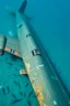 Placeholder: A military airplane from II world war crashed in the deep water of the ocean , sharks and fish around are swimming the plane looks old and damaged deep in the water.