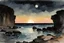 Placeholder: Night, rocks, cliffs, distant mountains, sci-fi, fantasy, winslow homer watercolor paintings