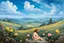 Placeholder: a handsome, fat man with a well-groomed, bearded face and long, curly hair. He is sitting naked on a rock, surrounded by a picturesque valley adorned with pink and yellow rose flowers. The spring sky above is adorned with breathtakingly beautiful clouds. like oil paintings 19th century