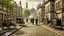 Placeholder: industrial steampunk street with cobbled pavement, steam cars, people, trees