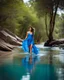 Placeholder: beautiful girl in pretty blue dress walking in water toward camera in trees next to wavy river with clear water and nice sands in floor.camera capture from her full body front