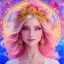 Placeholder: Beautyful smiling young woman, long hair amazing blue eyes, flowers, happy cosmic, bright colors, blue, pink, gold, jewels, realistic, photo real, clear sunny background, highly detailed, high contrast, 8k high definition, unreal engine 5, extremely sharp detail, light effect, sunny light background