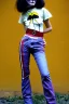 Placeholder: Photograph of a woman. Low waist jeans! bright blue jean,baggy, 1996!Huge plant prints on denim,terracotta,cream,purple,lilac. Cream colored latex parts. imperial yellow, red plum stripes, only on the top half of t-shirt. European daft punk woman. Mantle is sewed of recycled Denim and sewed together of recycled polymer felt. lace, Yellow(Munsell) areas. hint of orange as effect color!!Big bright purple/khaki felt tippet and cream or blue or lilac colored-hood. mantle is merged with cobalt bole