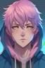 Placeholder: An anime man with messy short pink hair and narrow blue eyes wearing a hooded jacket Realistic.