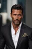 Placeholder: 40 year old muscular man with Dark tanned skin. short dark brown hair, and neatly trimmed medium length beard. scar on his cheek. wearing an expensive suit