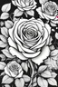 Placeholder: Create a black and white coloring page inspired of roses and animation figure with clear and smooth black bold outline, suitable for adults to color in a relaxing manner. Ensure that the images are free from messy elements and do not include grayscale. The patterns should be presented on a pure white background, providing a clean canvas for coloring. Emphasize the elegance of rose petals and the overall beauty of the flower. Avoid any break lines or harsh edges.