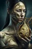 Placeholder: Grunge, woman as a decaying dried out Pear intricately showing its internal structure and seeds, cyberpunk, ultra unique natural textures, slight imperfections, vray.