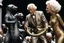 Placeholder: (crazy psychedelic high res photo by Ray Harryhausen) The first is tall, his skin gleaming like polished gold, with eyes that seem to reflect no light at all. The second is a woman with silver hair that writhes like serpents, her form shifting in and out of focus. The third bears no face at all, only a void where features should be, yet you can feel the intensity of its gaze boring into you like a physical force. These are not mere soldiers—they are embodiments of something darker, something tha