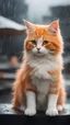 Placeholder: buatkan saya gambar full 8HD, Sebuah kucing kecil gemoy dengan bulu lembut orange dan mata sayunya yang berair, duduk sedih. Air mata mengalir dari mata kucing kecil tersebut, menambah kesedihan yang mendalam. Di belakangnya, kumpulan kucing lainnya. Suasana hujan deras yang membasahi teras rumah menambah kesan dramatis dalam adegan ini, menciptakan aura kesedihan yang meluap-luap namun juga penuh kehangatan.