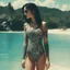 Placeholder: The Dark Lord's Granddaughter: Carefree Vacation with tattoos and lace swimsuit [vintage style noisy scratches glitches, Shot the texture and then rewound the film and double exposed from a 1970 B series movie]
