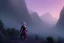 Placeholder: dark elf man, drizzt, pink eye, fantasy, forest, sunset, mystic, fog render unreal, cave exit, mountain, 2 scimitars, big landscape, green raincoat, hood