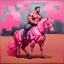 Placeholder: a big muscle man sitting on a pink horse.like 19th painting