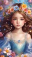 Placeholder: In the enchanting children's illustration, a beautiful and charming girl lies like a princess on a bed full of flowers and petals. She has shiny flowing brown hair, colorful flowers adorning her head, and glowing hazel eyes. She wears a blue dress completely covered with gorgeous delicate pearls, all surrounded by magical colorful flowers in a digital painting masterpiece of the best quality, featuring transparent colors and high detail.