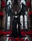 Placeholder: Facing front photography Gothic Art Style realistic Full body,creepy Vampire ghost woman long hair straddle wings bat she on standing on creepy,in mystery palace vampire,red roses flowers sorrounded background,dramatic angle, extreme angle shot, trypophobia, horror